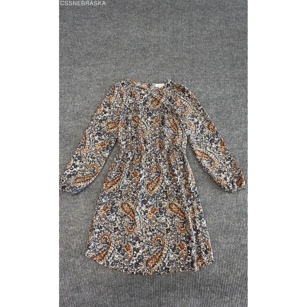 LOFT Outlet Women's Blue‎ Brown Paisley Long Sleeve Elastic Waist Dress Sz S